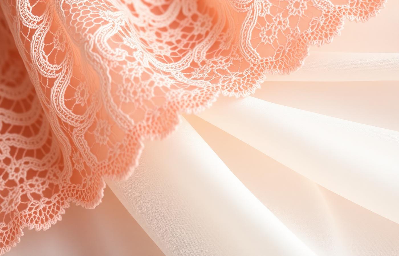 Macro detail of fine blush lace layered over smooth ivory microfibre