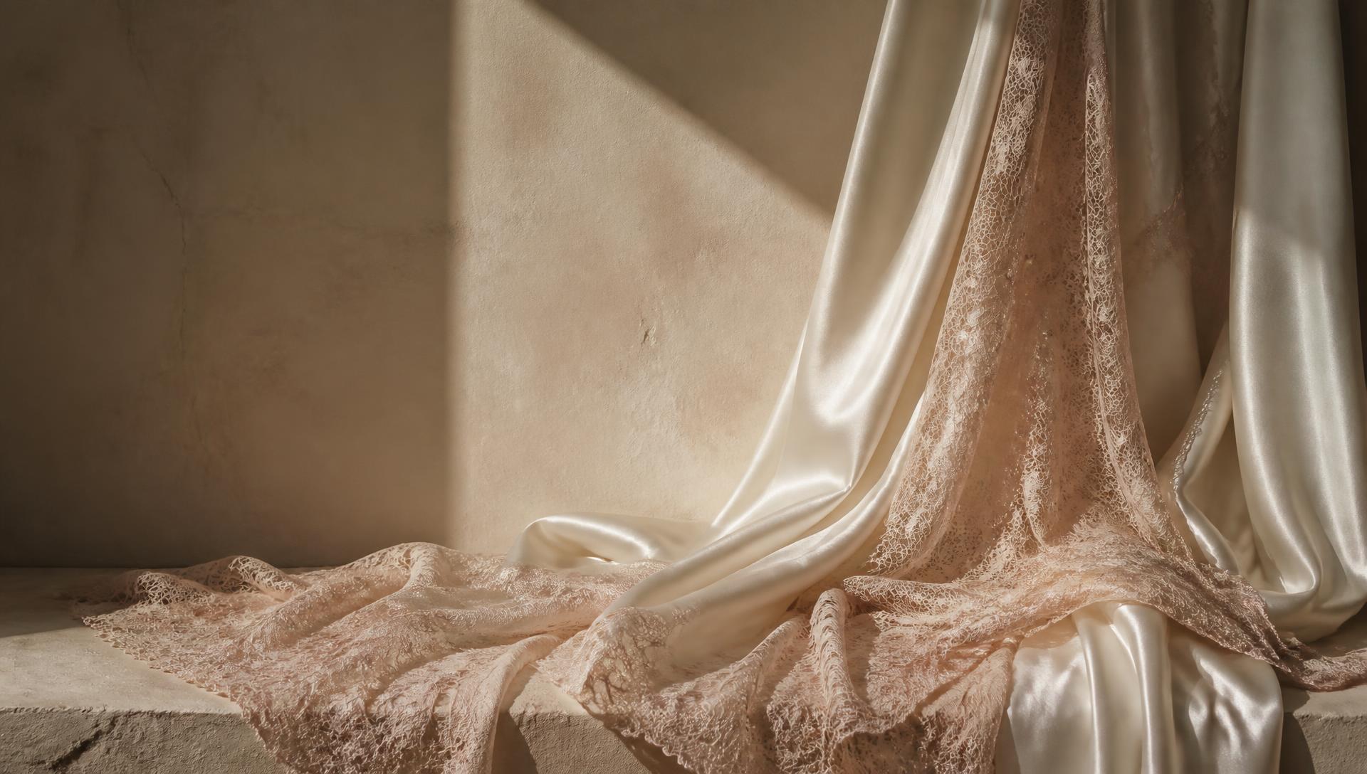 Ivory silk and blush lace draped across a warm plaster wall in soft daylight
