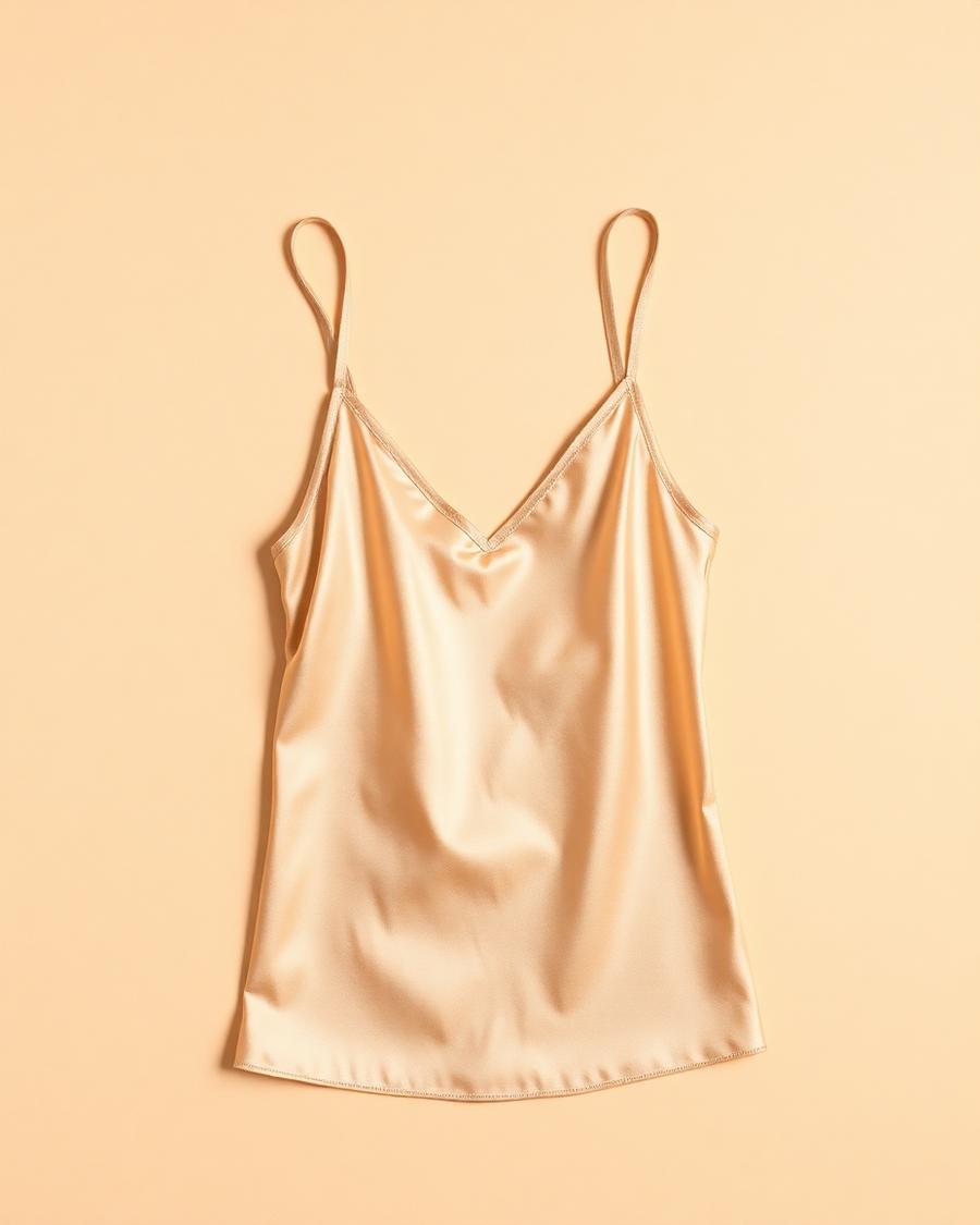 Champagne satin camisole photographed flat on ivory paper