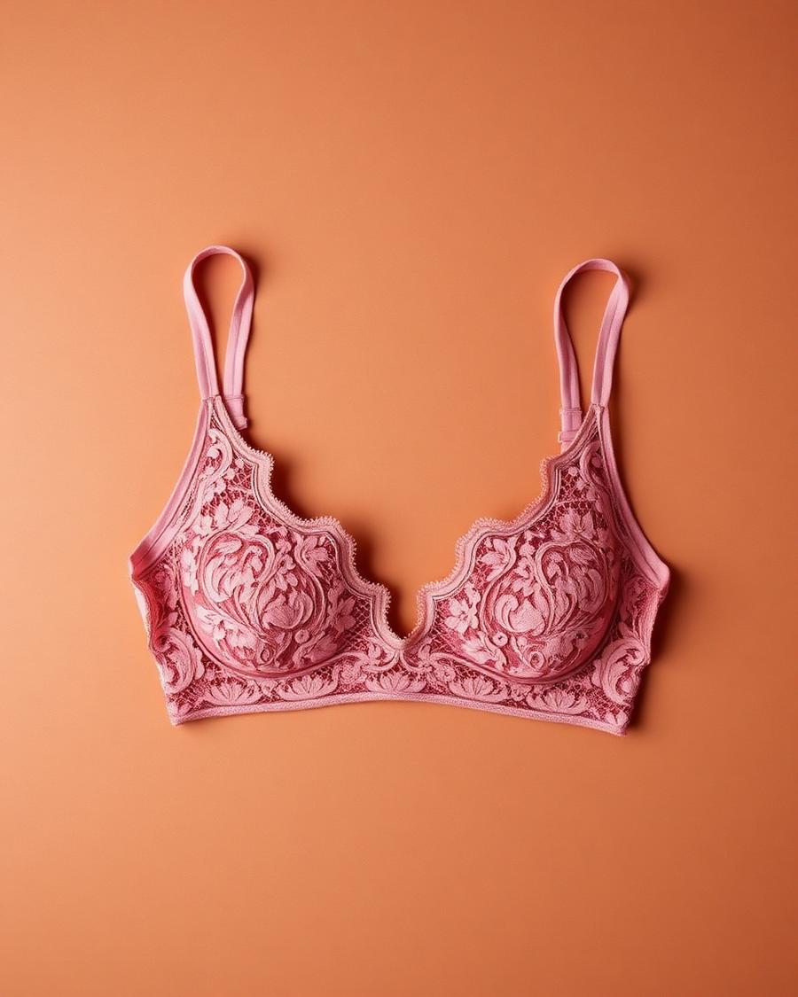 Deep rose stretch-lace bralette photographed flat on clay paper