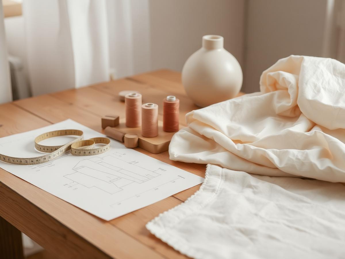 Atelier table with pattern paper, measuring tape, blush thread spools and folded ivory fabric